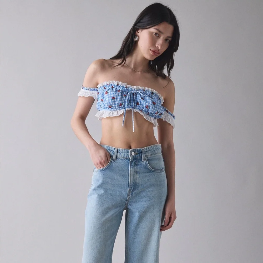 NWT UO Cherry Gingham Ruffle Lace Trimmed Picnic Top Out From Under - Picture 3 of 5